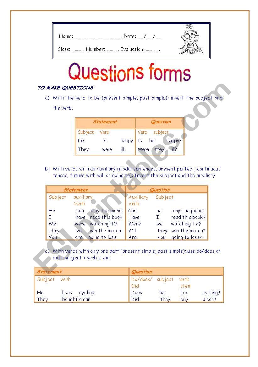 Questions form  worksheet