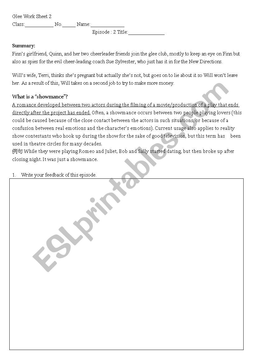 Glee Worksheet worksheet
