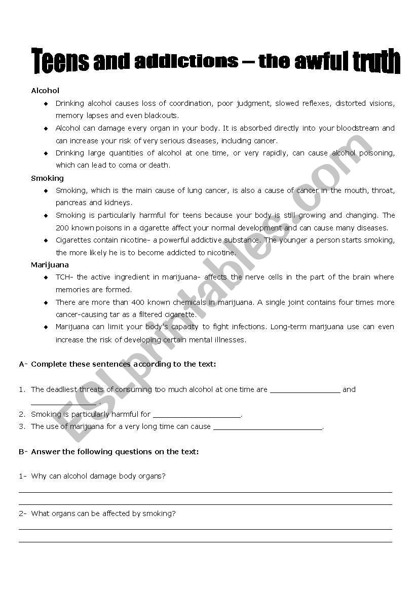 teens and addictions worksheet