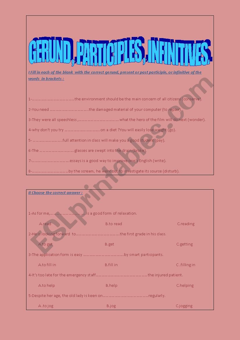 Gerund Participle Infinitive ESL Worksheet By Soumiaettaibi