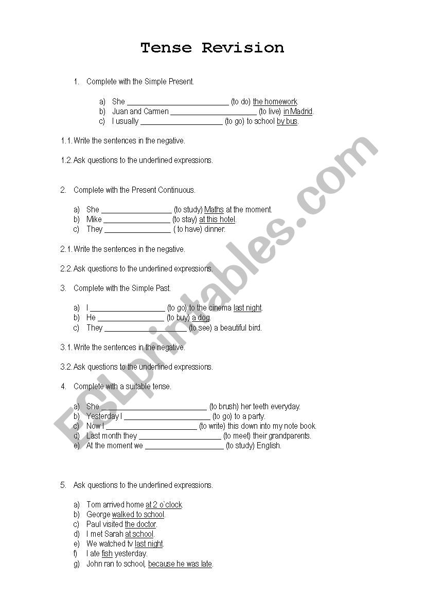 Tense revision 6th year worksheet