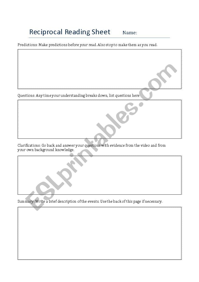 Reciprocal Teaching Sheet worksheet