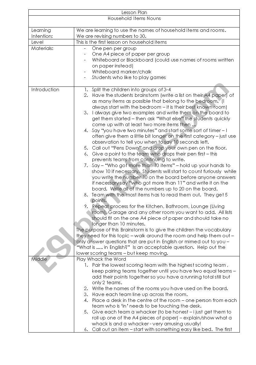 Household items and rooms worksheet