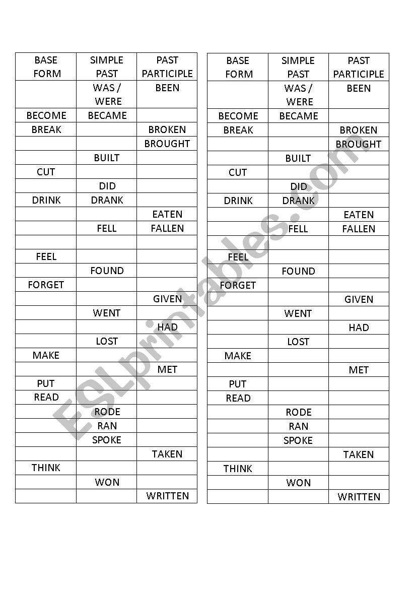 IRREGULAR VERB LIST worksheet