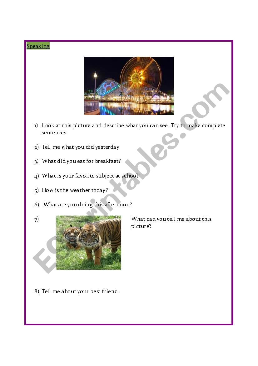 Speaking/Conversation worksheet