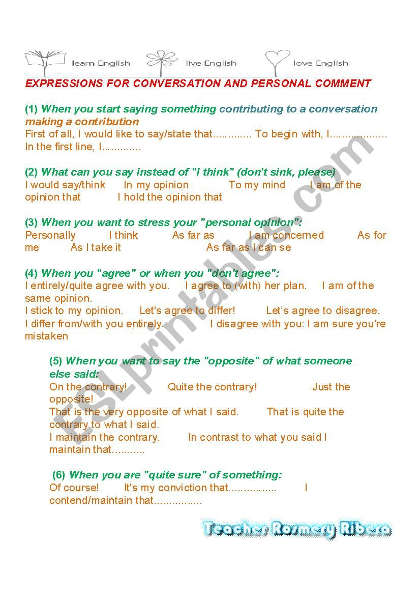 EXPRESSIONS FOR CONVERSATION AND PERSONAL COMMENT
