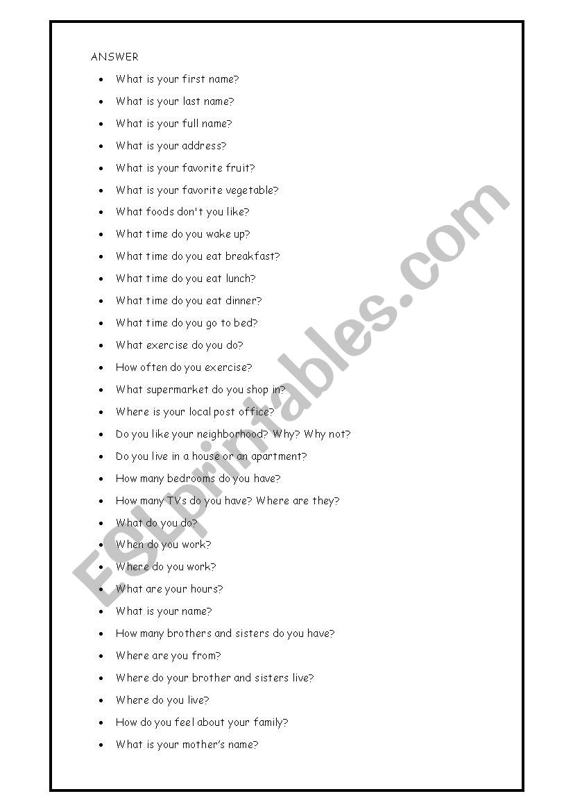 PERSONAL INFORMATION worksheet