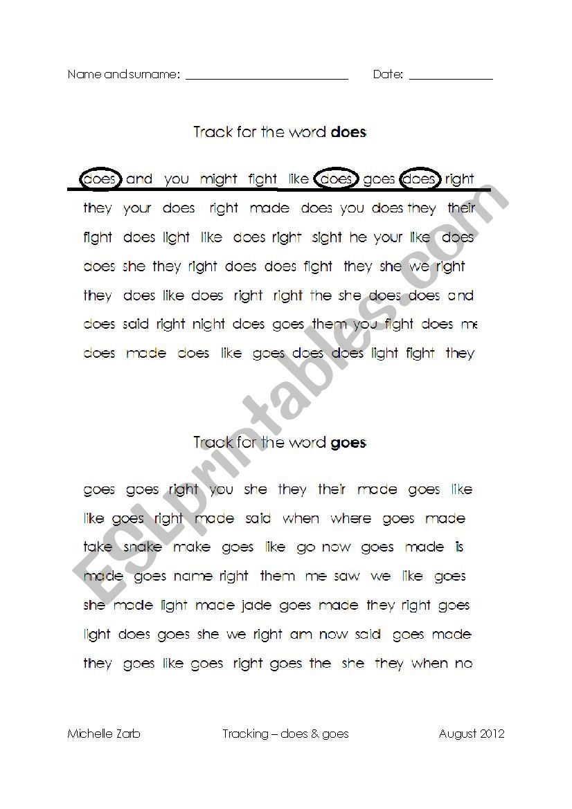 Tracking for the words ´does´ and ´goes´