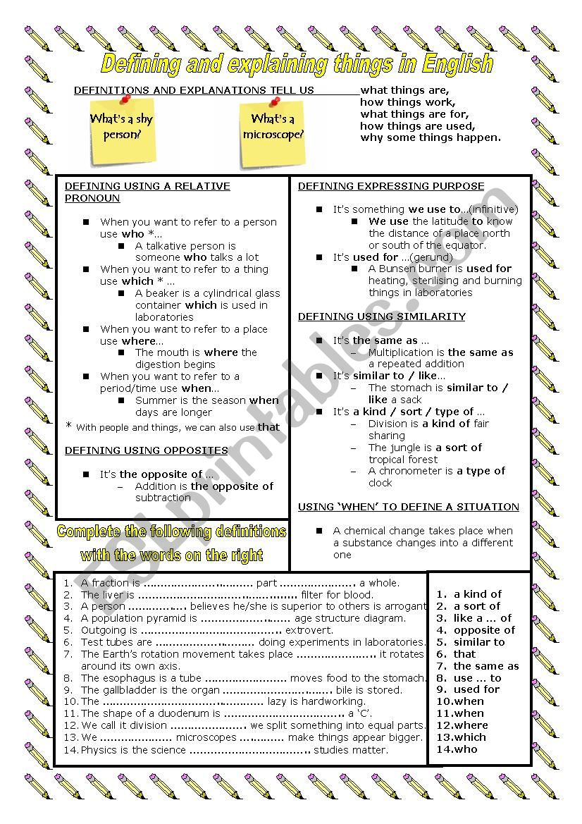 Definitions and explanations worksheet