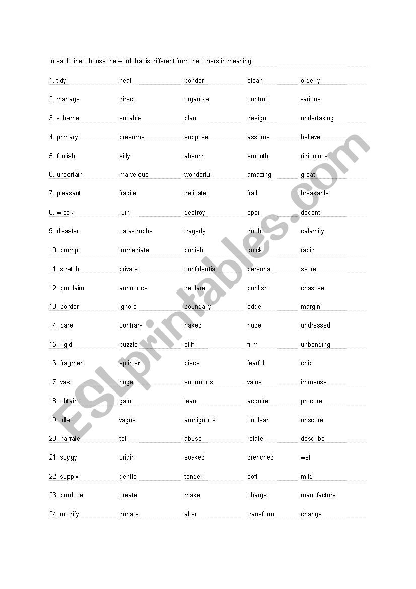 Odd word out worksheet