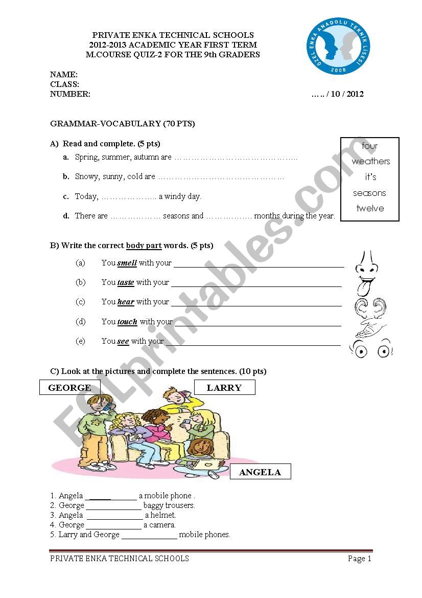 ELEMENTARY QUIZ-SEASONS-PARTS OF THE BODY-HAVE GOT-POSSESSIVES-COMPARATIVE ADJECTIVES