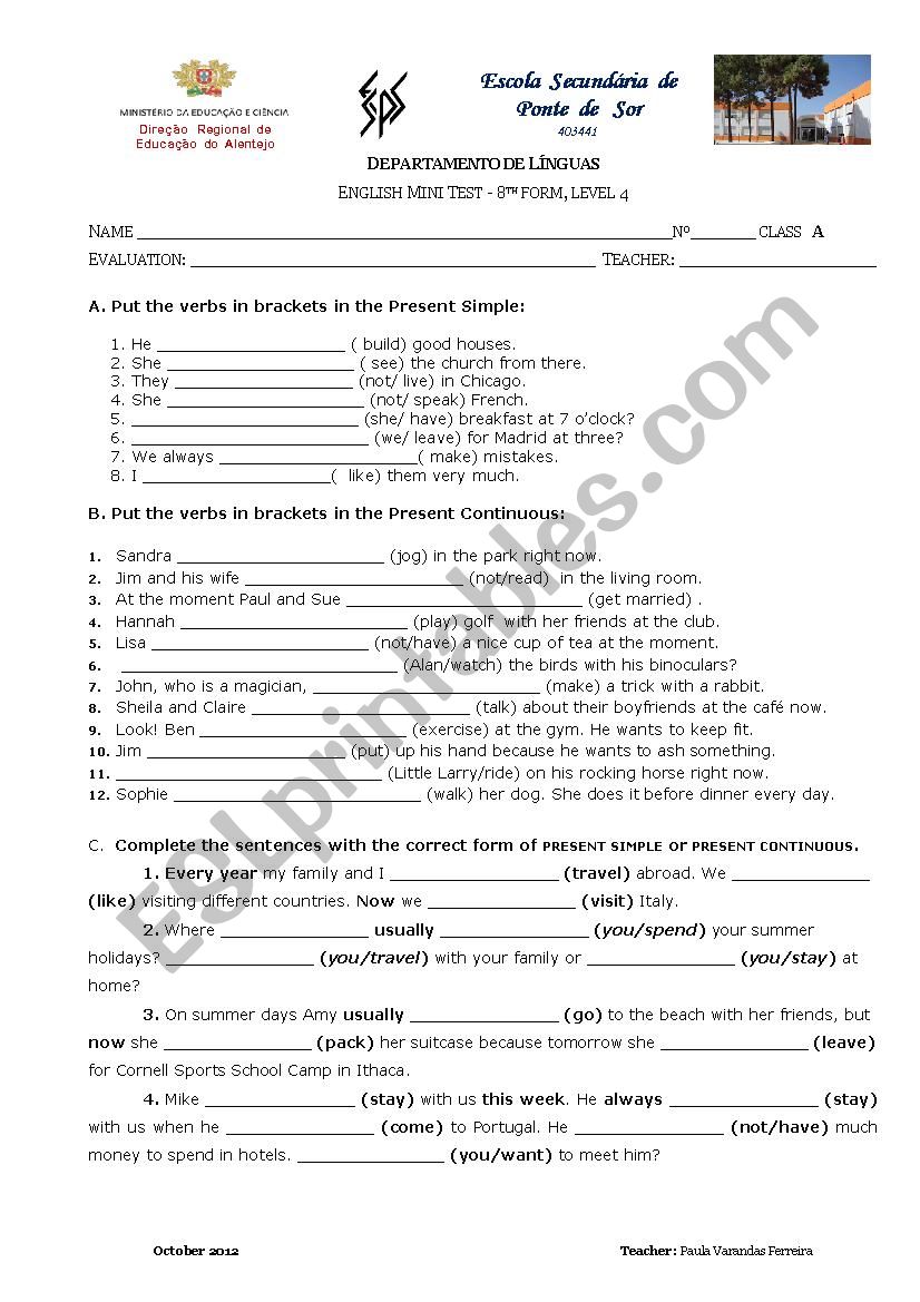 Mini test on verb tenses worksheet