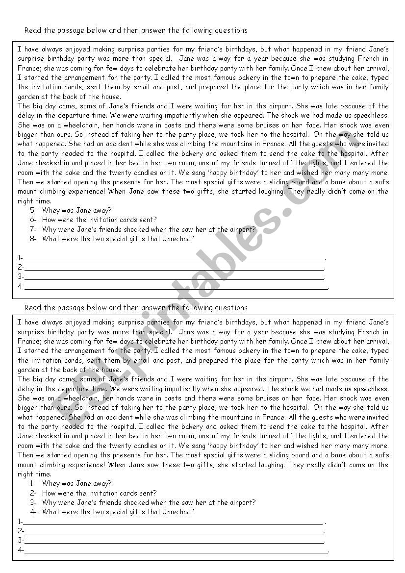 story reading worksheet