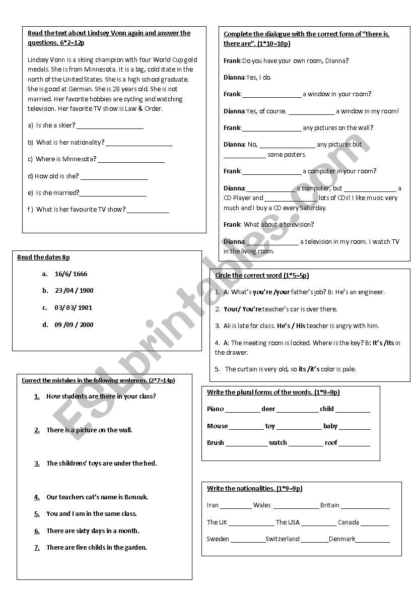 Elementary (A1 Level) Quick Check Quiz-Group 2