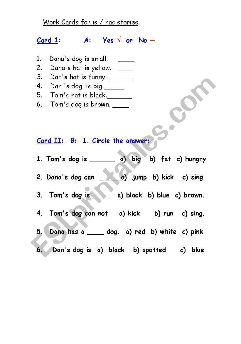 word cards for IS /HAS worksheet