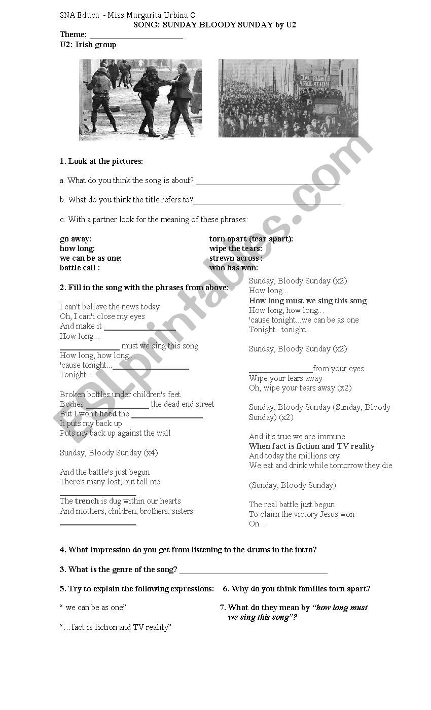 Song Sunday Bloody Sunday worksheet