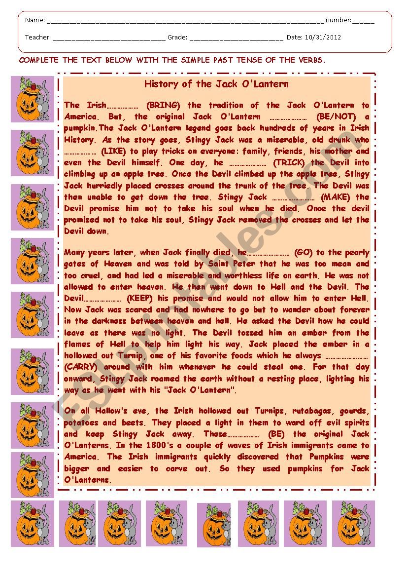 THE HISTORY OF JACK O LANTERN worksheet