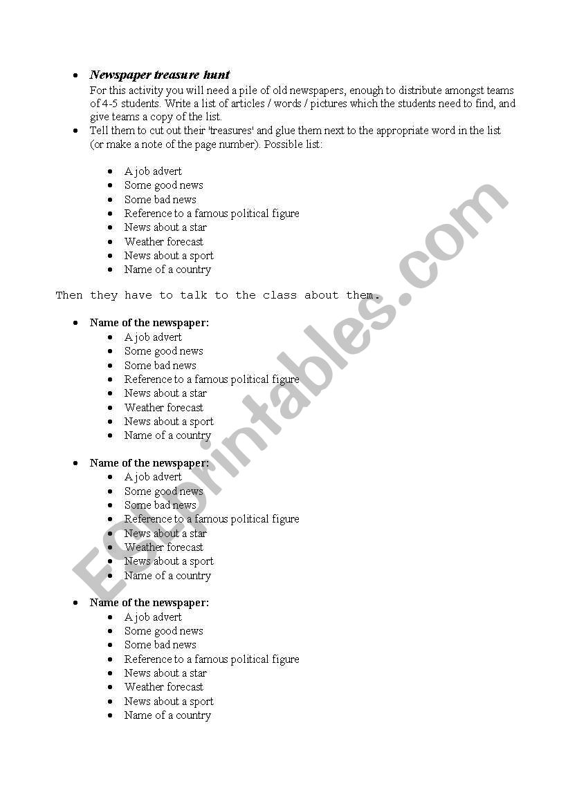 newspaper treasure hunt worksheet