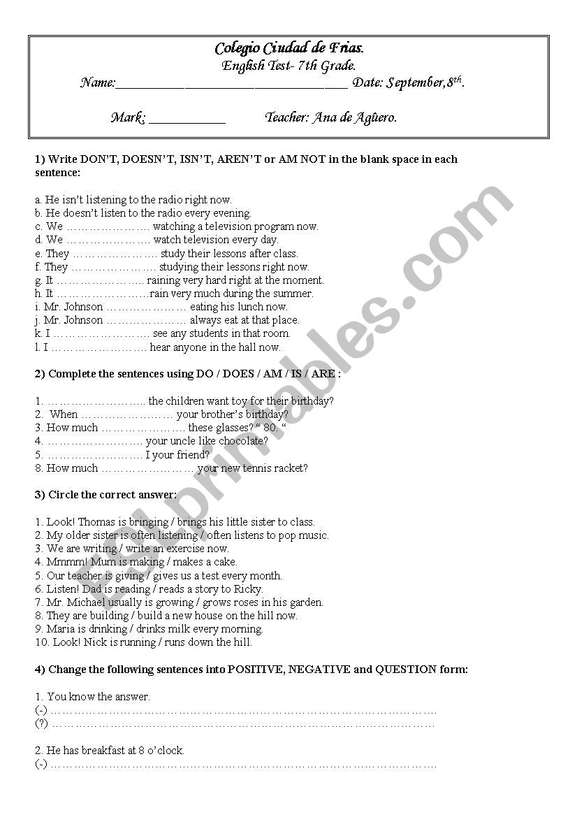 present simple and continuous worksheet