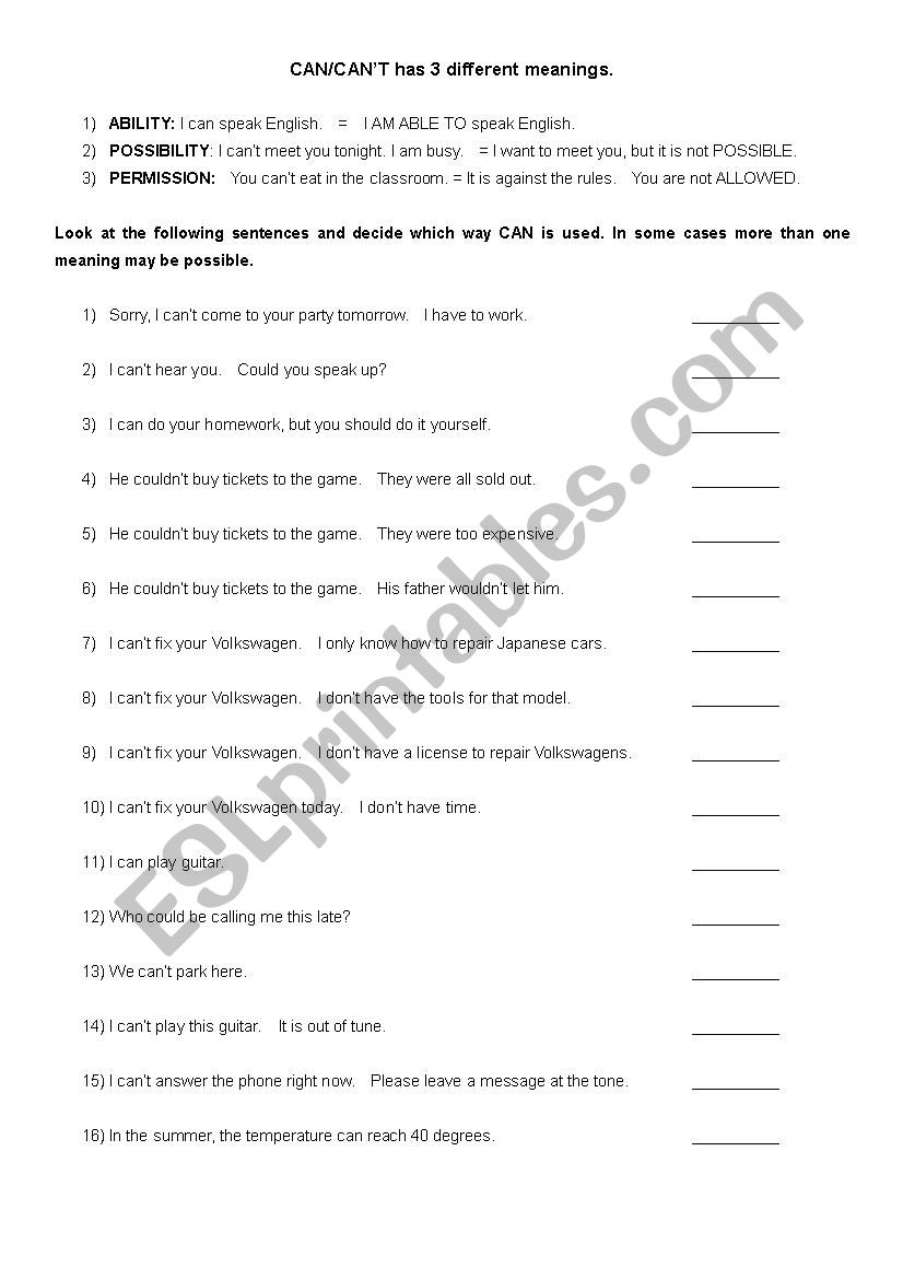 The Three Senses of CAN worksheet