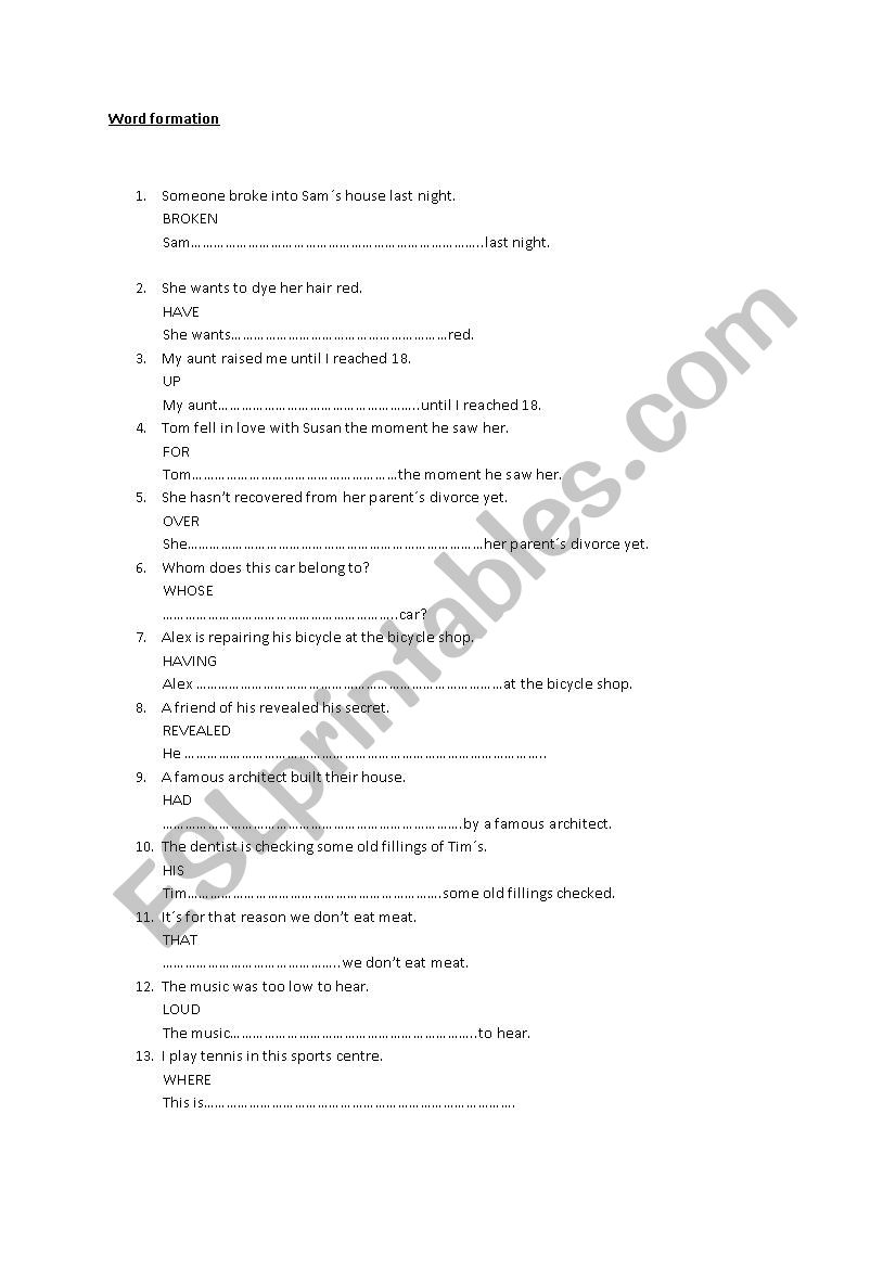 Word transformation  worksheet