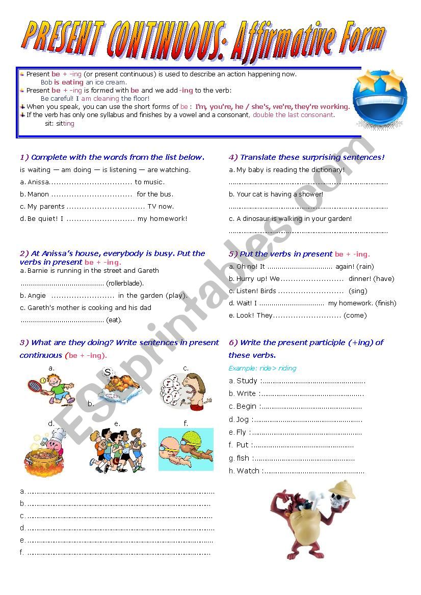 present continous affirmative worksheet