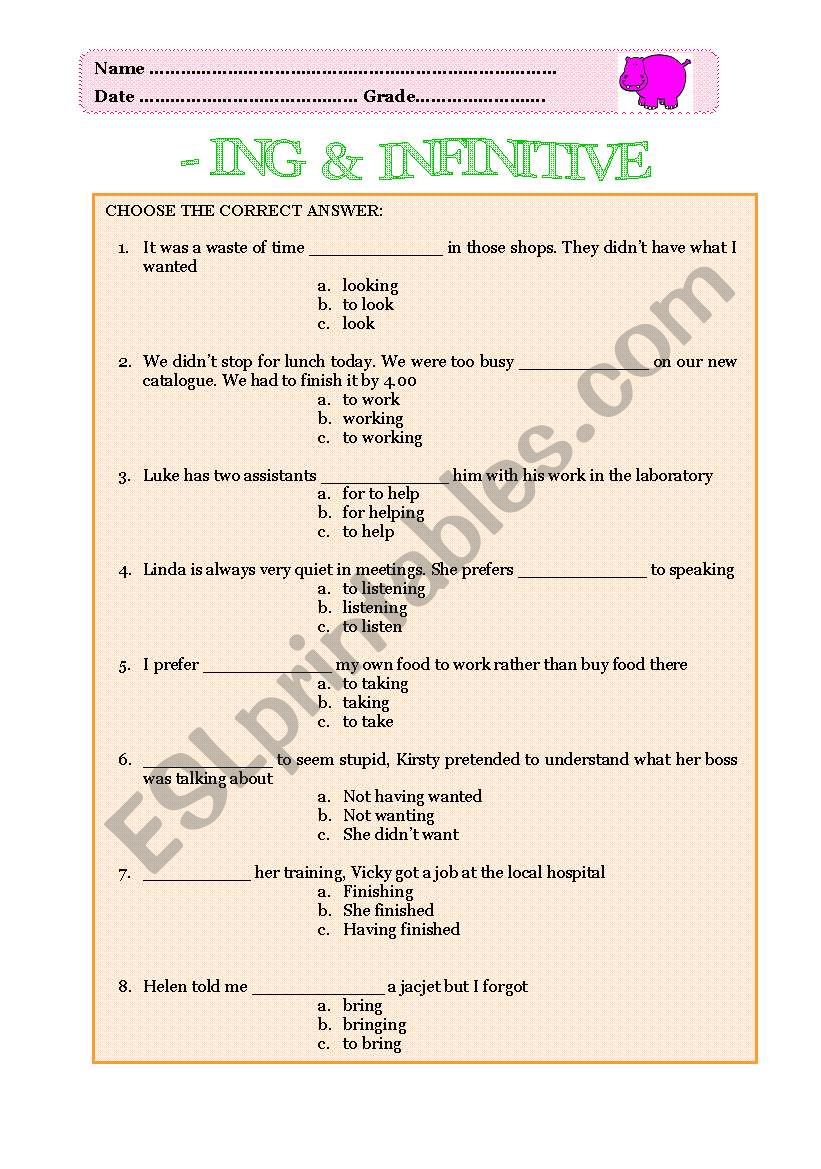 - ing & infinitive  worksheet