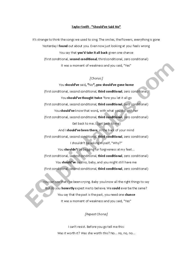 Conditionals through songs  worksheet
