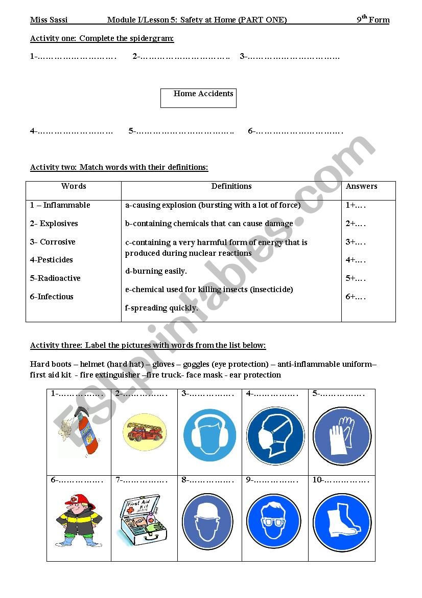  Lesson 5:Safety at home worksheet