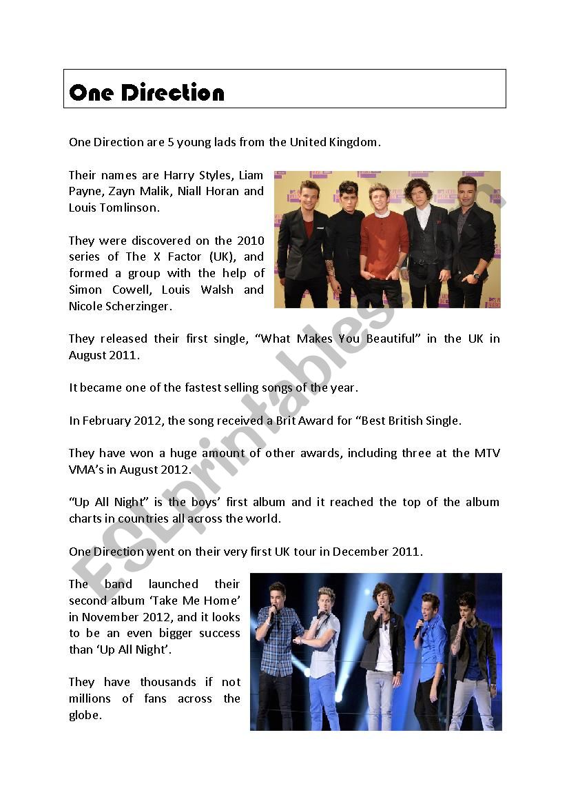 One Direction Comprehension worksheet