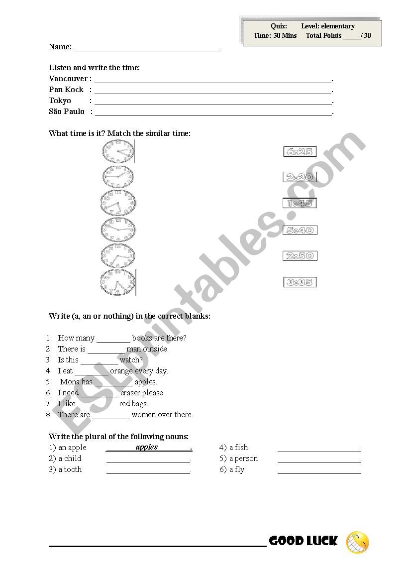 Elementary Test worksheet