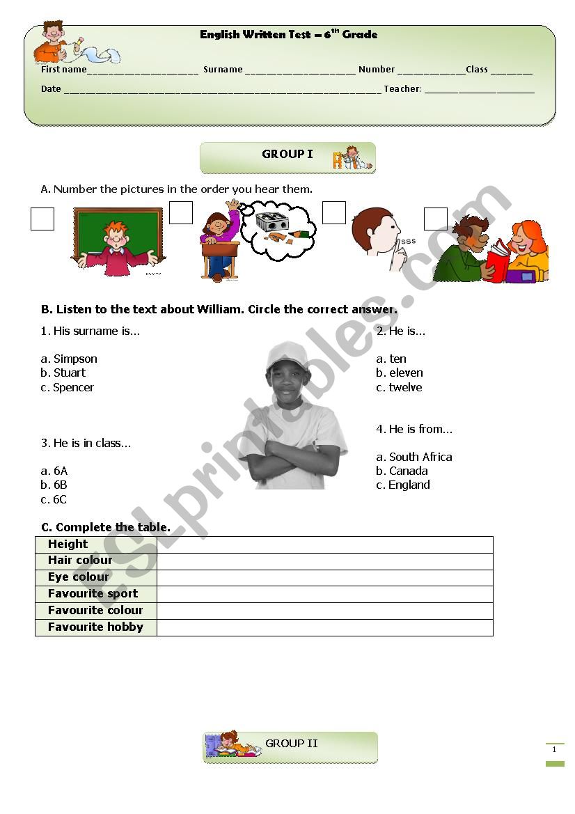 Test : 6th Grade - Part I worksheet