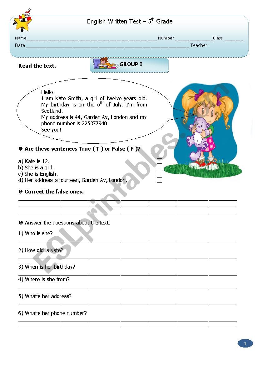 Test:   5th  Grade worksheet