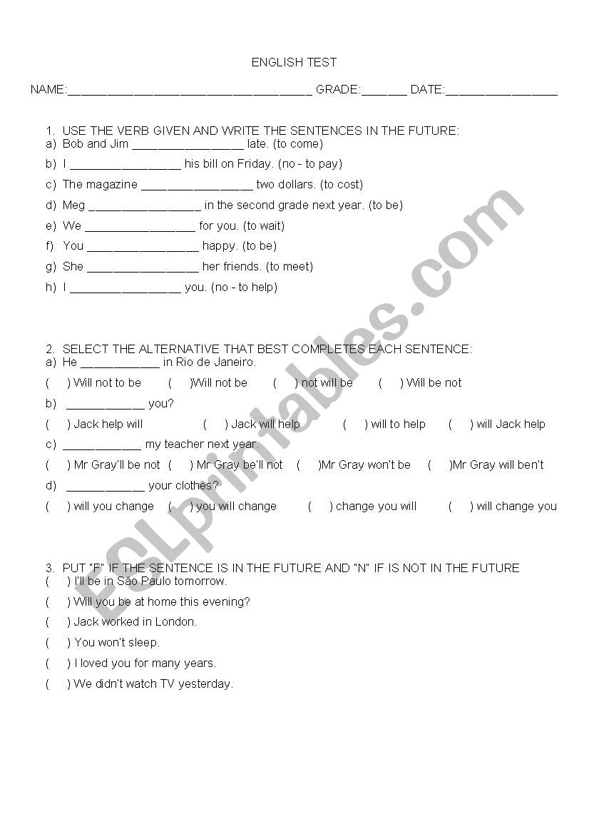 Exercise about future tense worksheet