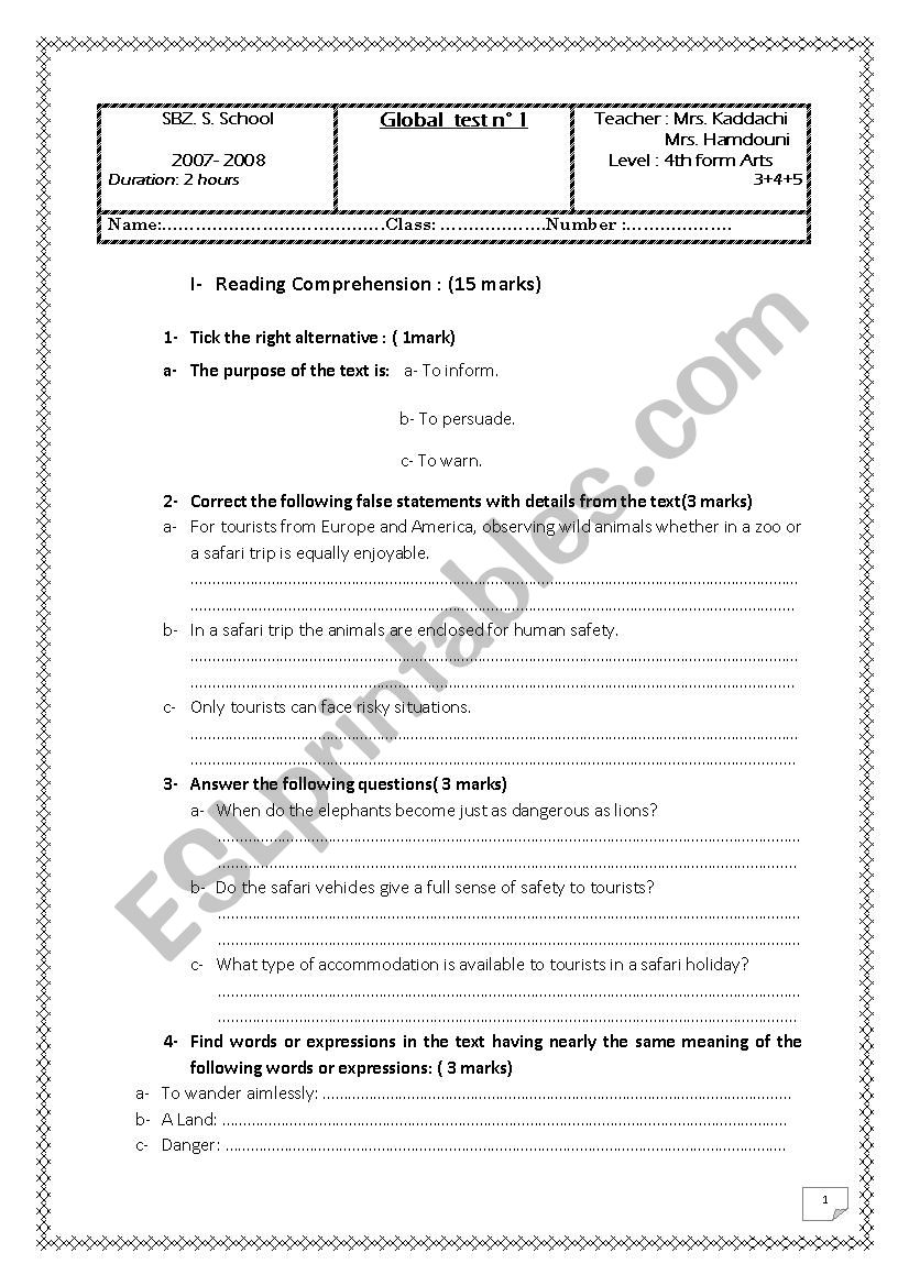 it an end of the term test n 1 for 4th formers.