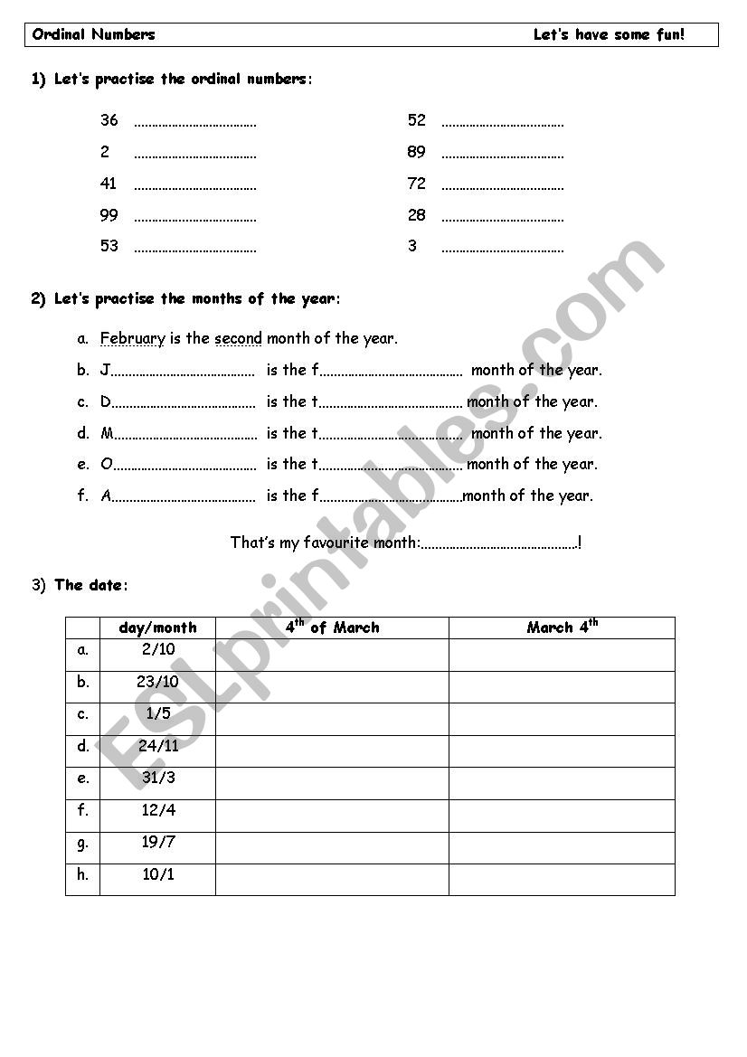 Ordinal numbers and dates worksheet