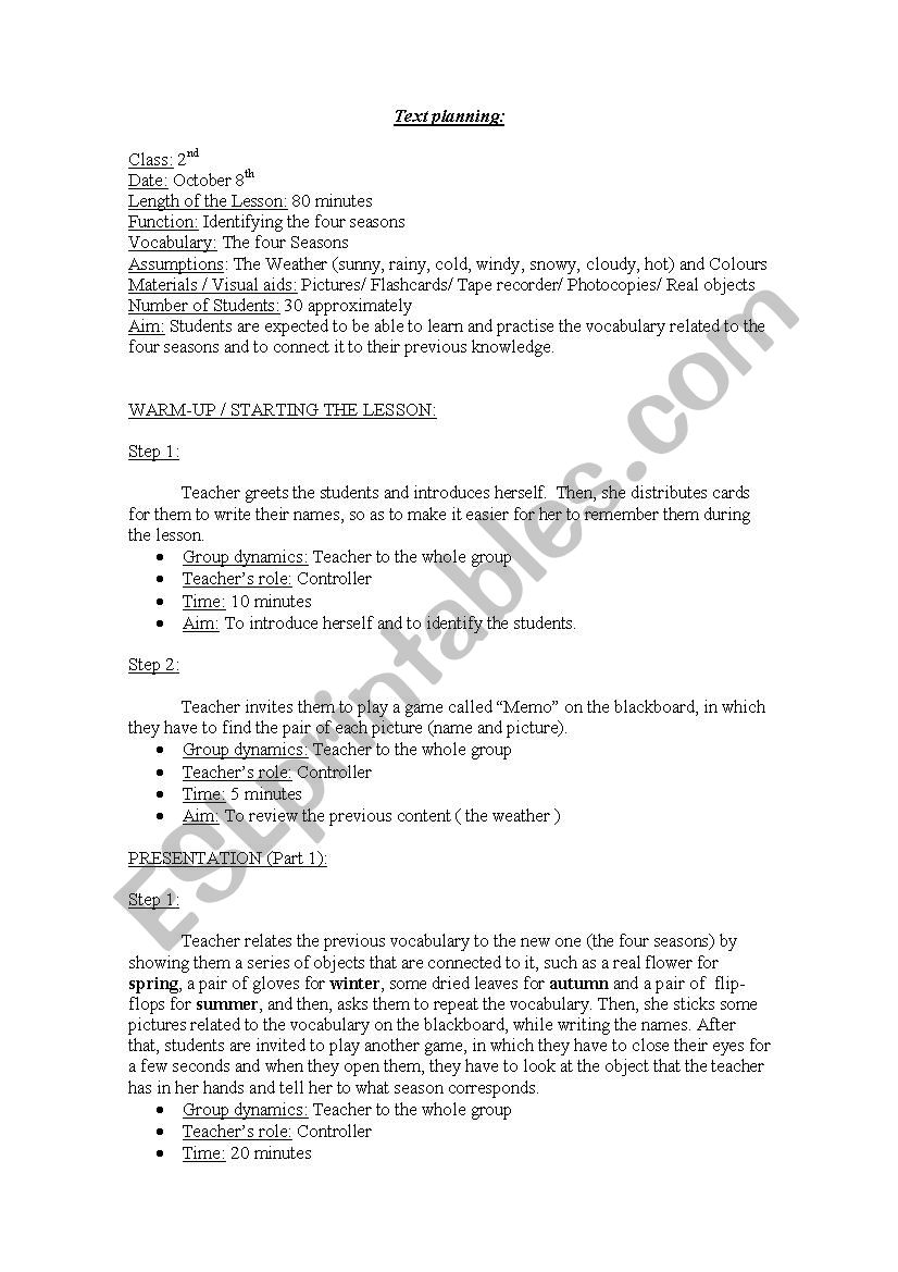 Lesson Plan Four Seaons worksheet