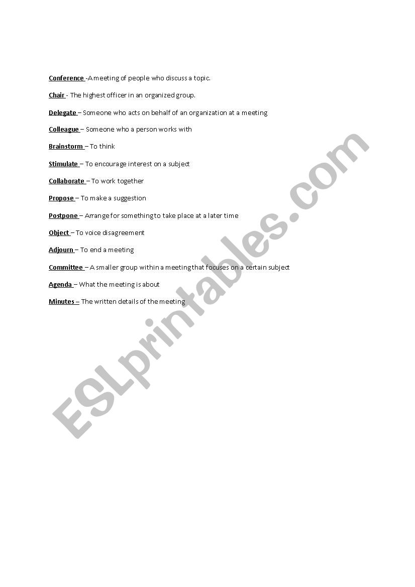 Meeting terms worksheet