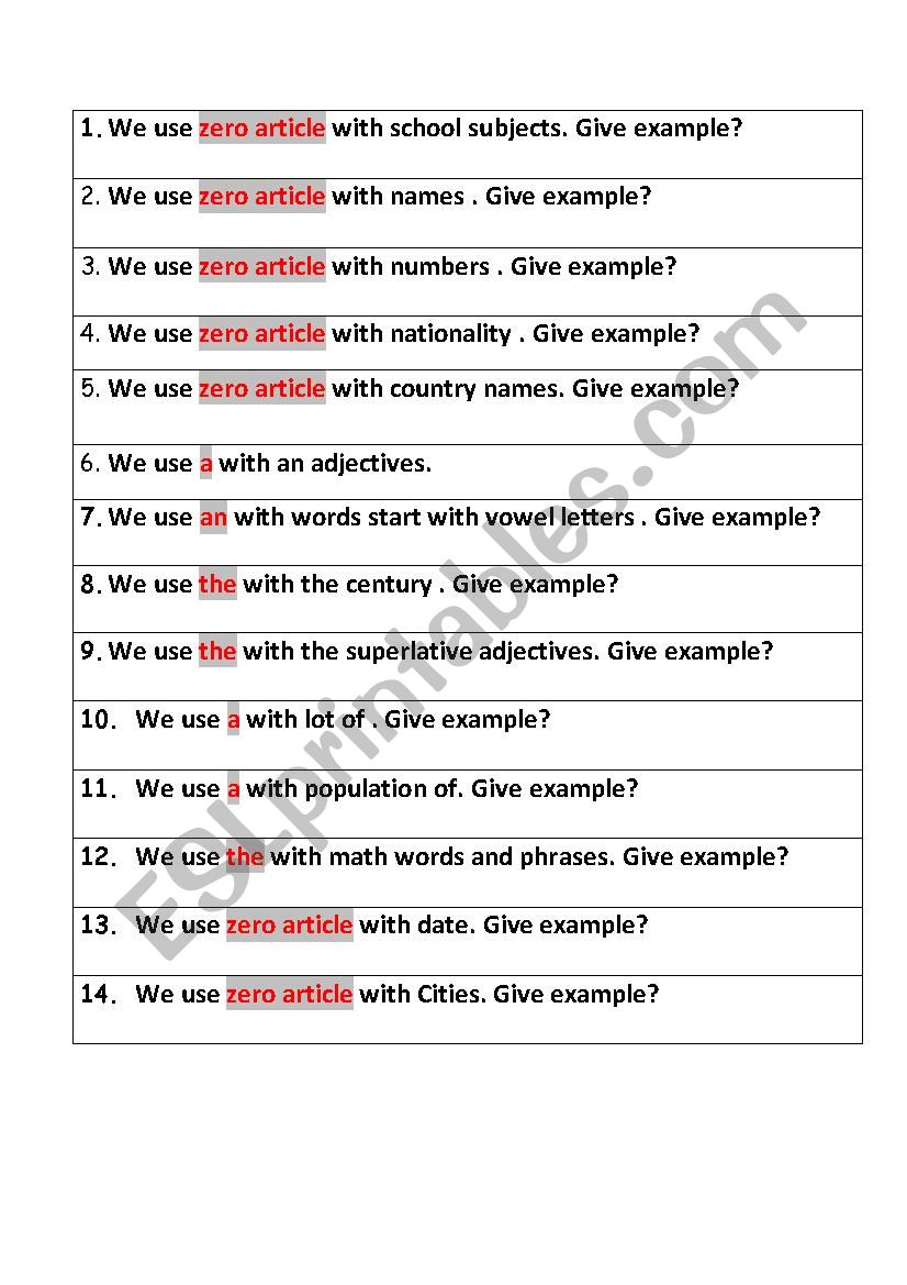 articles question games worksheet