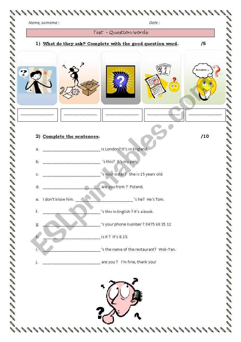 Question words - Test worksheet