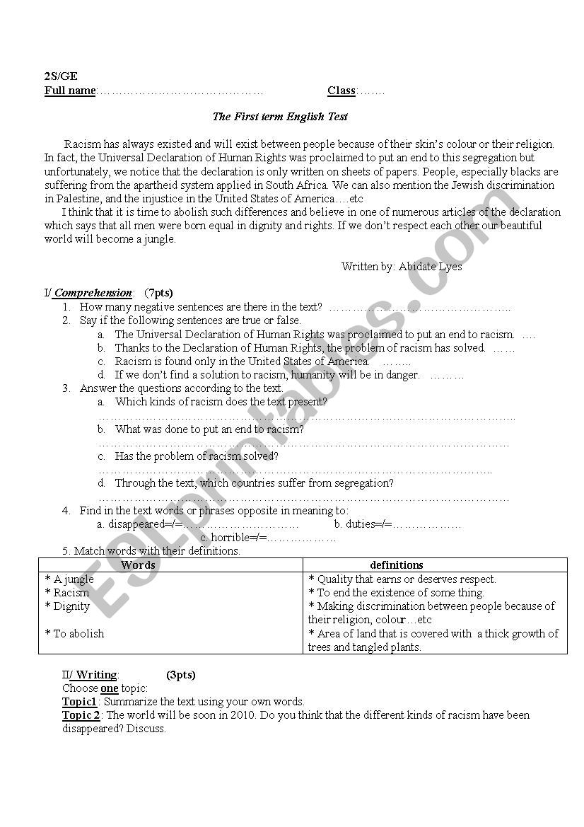 RACISM worksheet