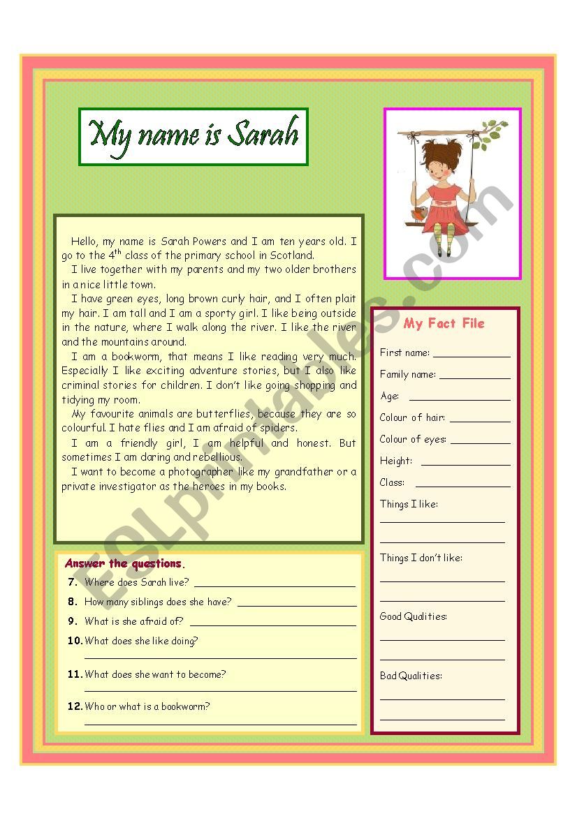 My name is Sarah worksheet
