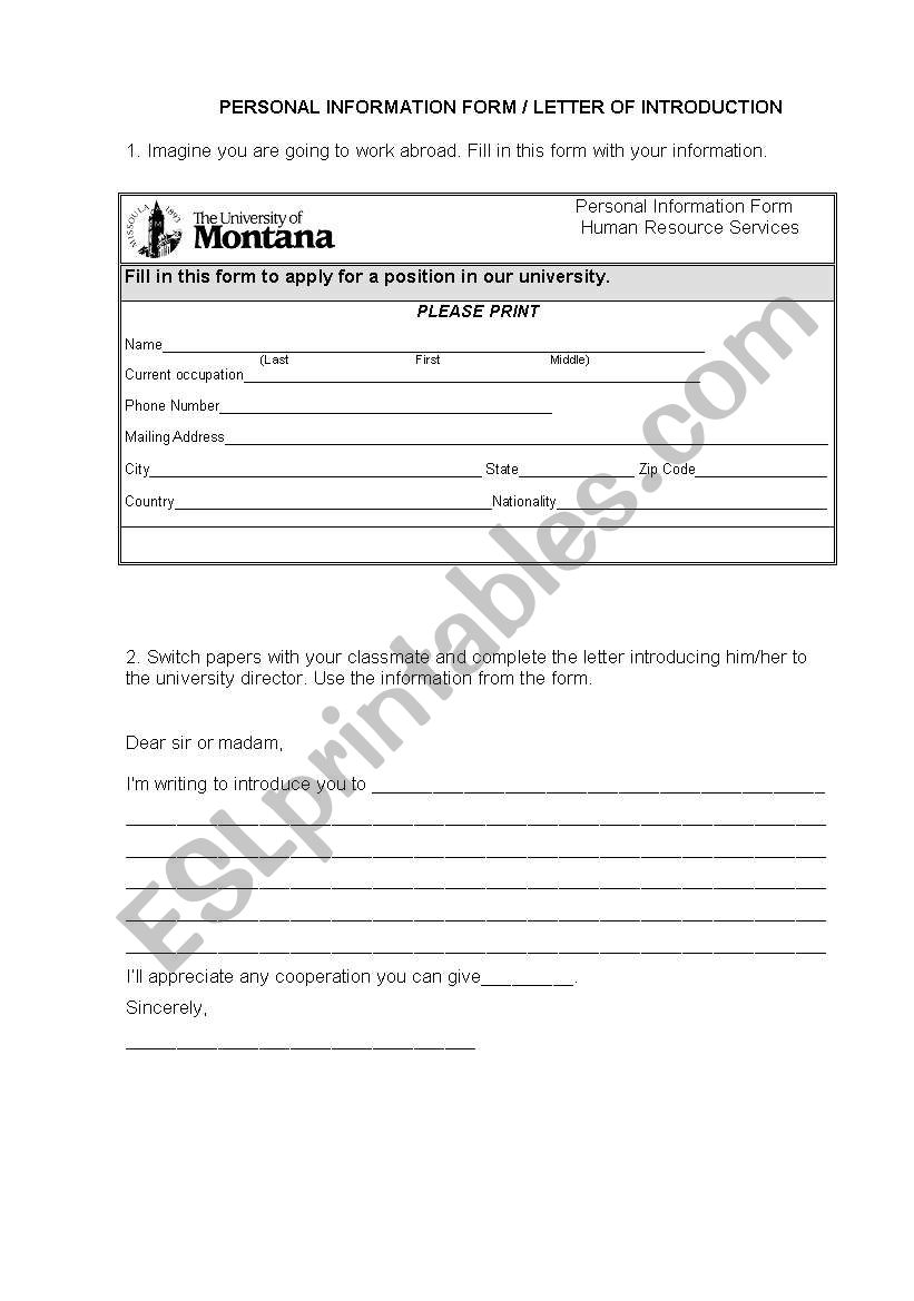 PERSONAL INFORMATION FORM / LETTER OF INTRODUCTION
