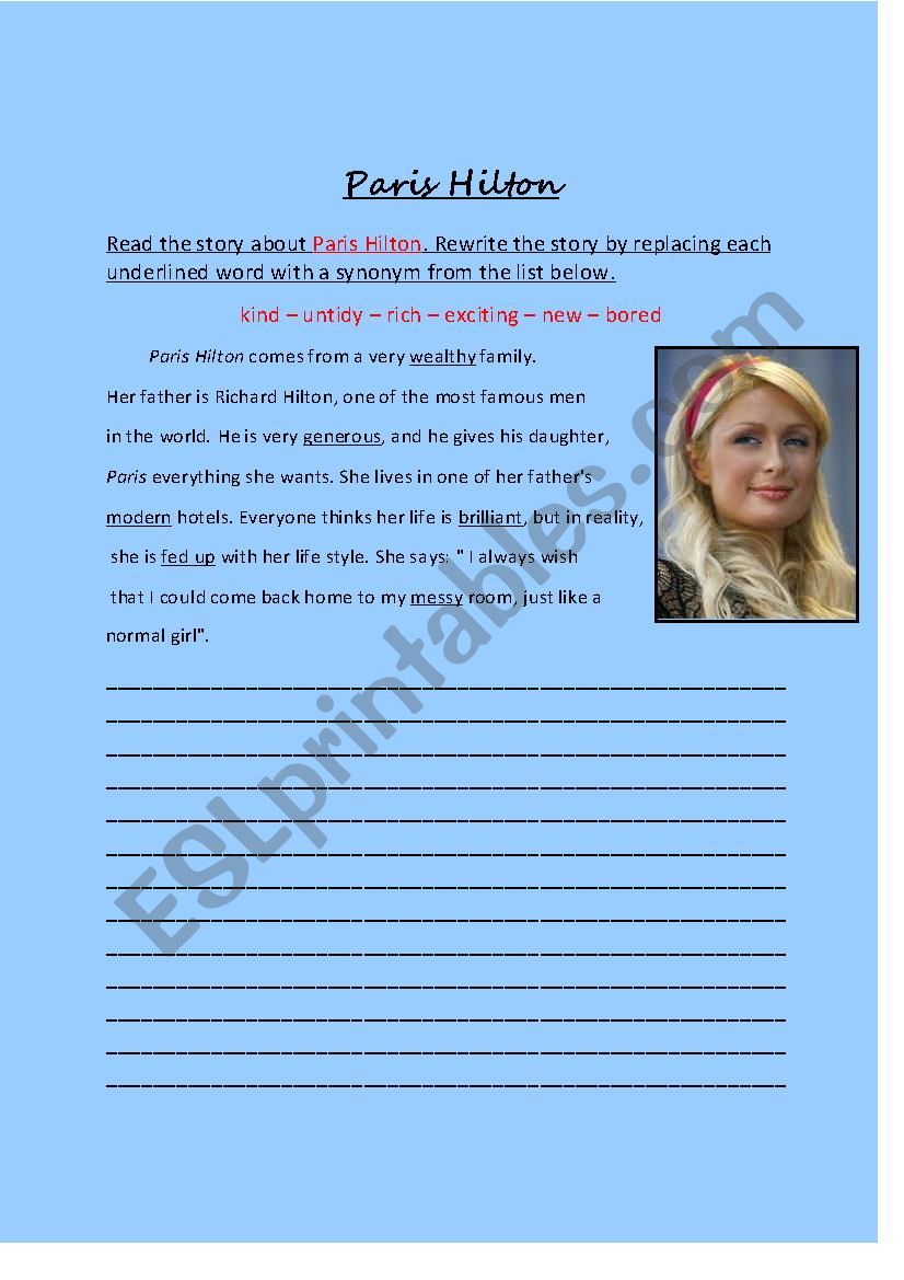 Paris Hilton / Synonyms worksheet