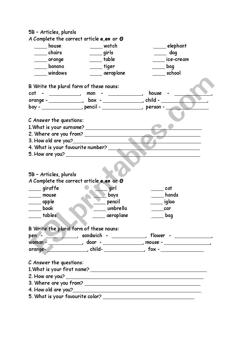 Articles, plurals, prepostitons