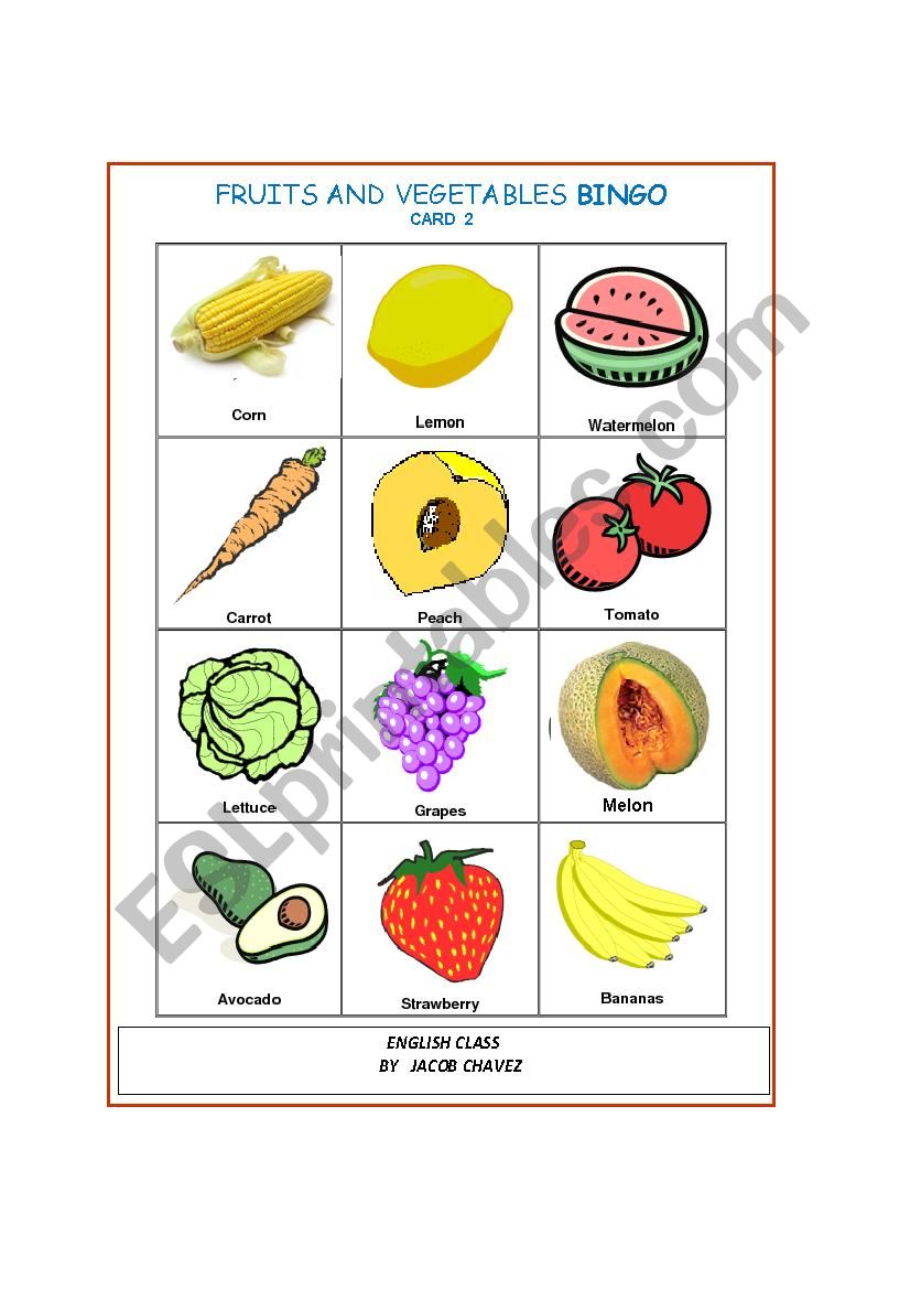 FRUIITS AND VEGETABLES BINGO (PART 2)