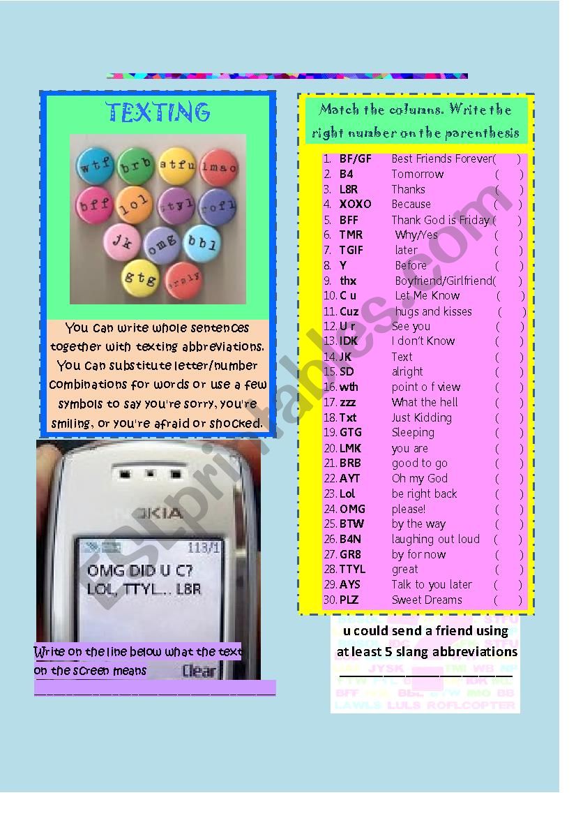 Slang abbreviations for texting, facebook and twitter- ANSWER KEY