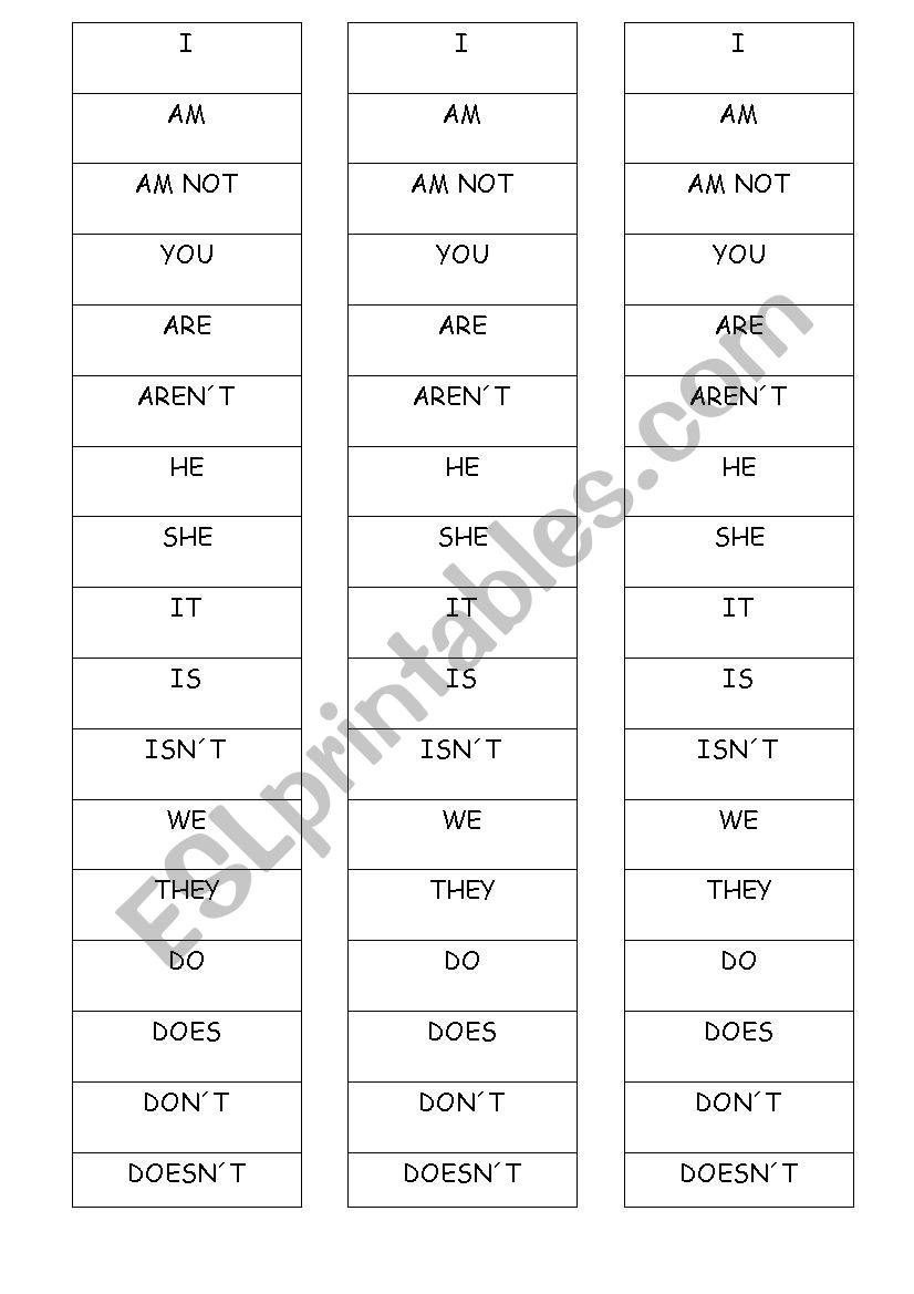 cards for grammar practice of to be and present simple