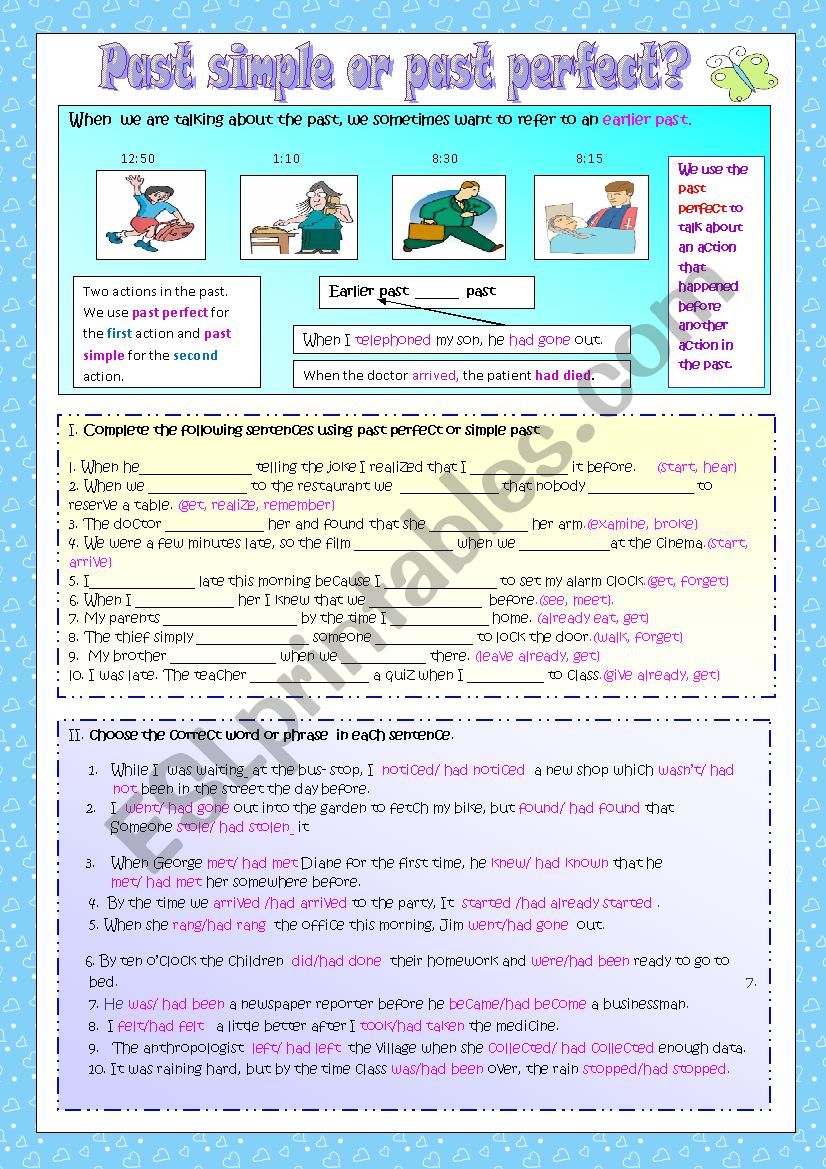 Past perfect or simple past worksheet