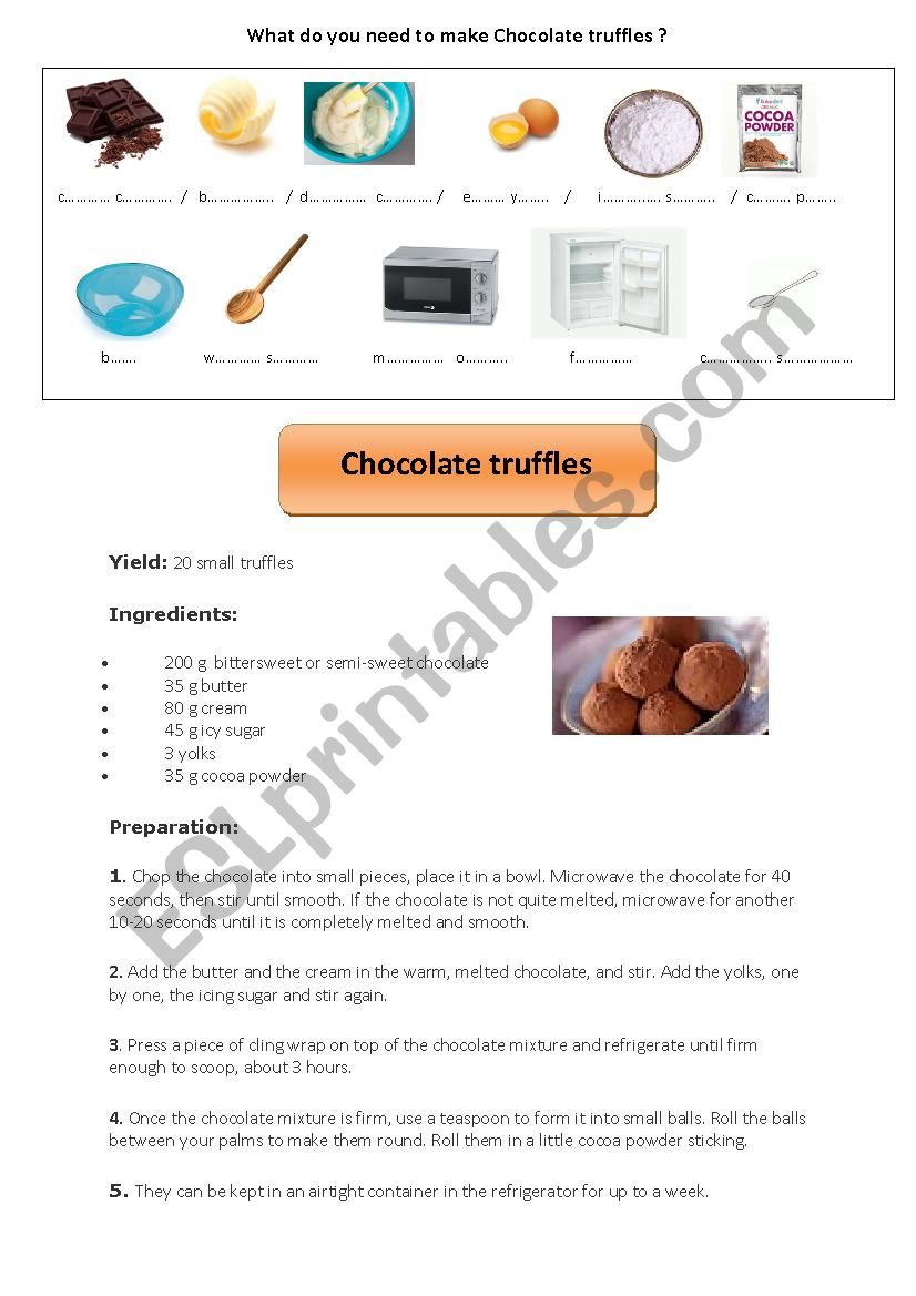 Chocolate truffles recipe worksheet